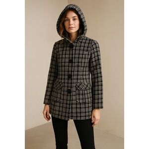 Nick & Mo Jacket Women's Small White Black Plaid Wool Pockets Long Sleeve Hooded